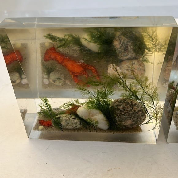 1960s Lucite Book Ends Clear Float TM Ocean Scene Lobsters - Picture 12 of 14